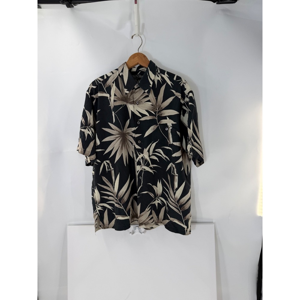Tori Richard Mens Silk Aloha Shirt Medium Black Tan Bamboo Palm Leaf Hawaiian